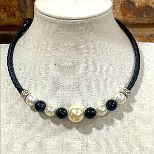 Vintage Braided leather and faux black and white pearl wrap necklace